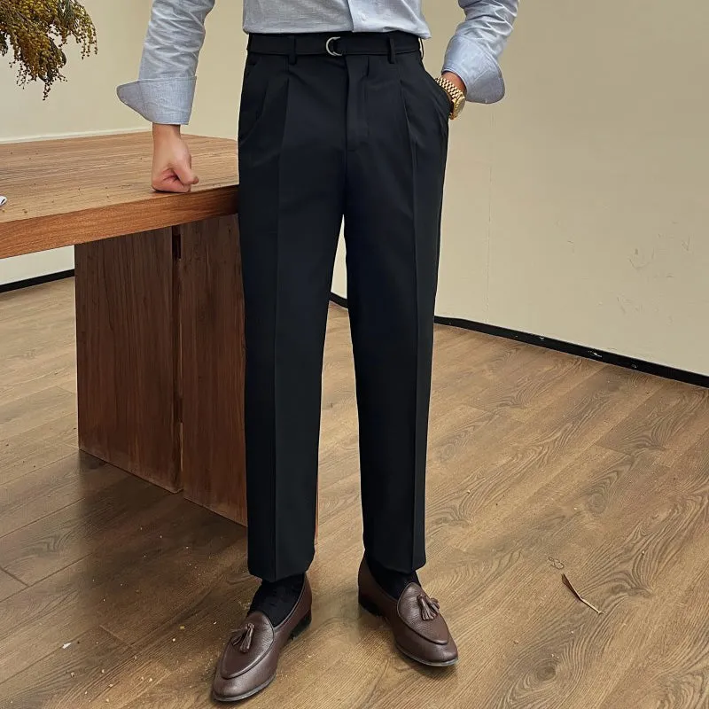 Mens Retro High Waist Business Straight Trousers