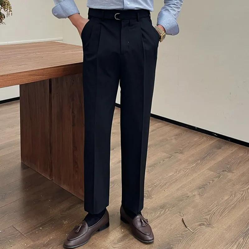 Mens Retro High Waist Business Straight Trousers