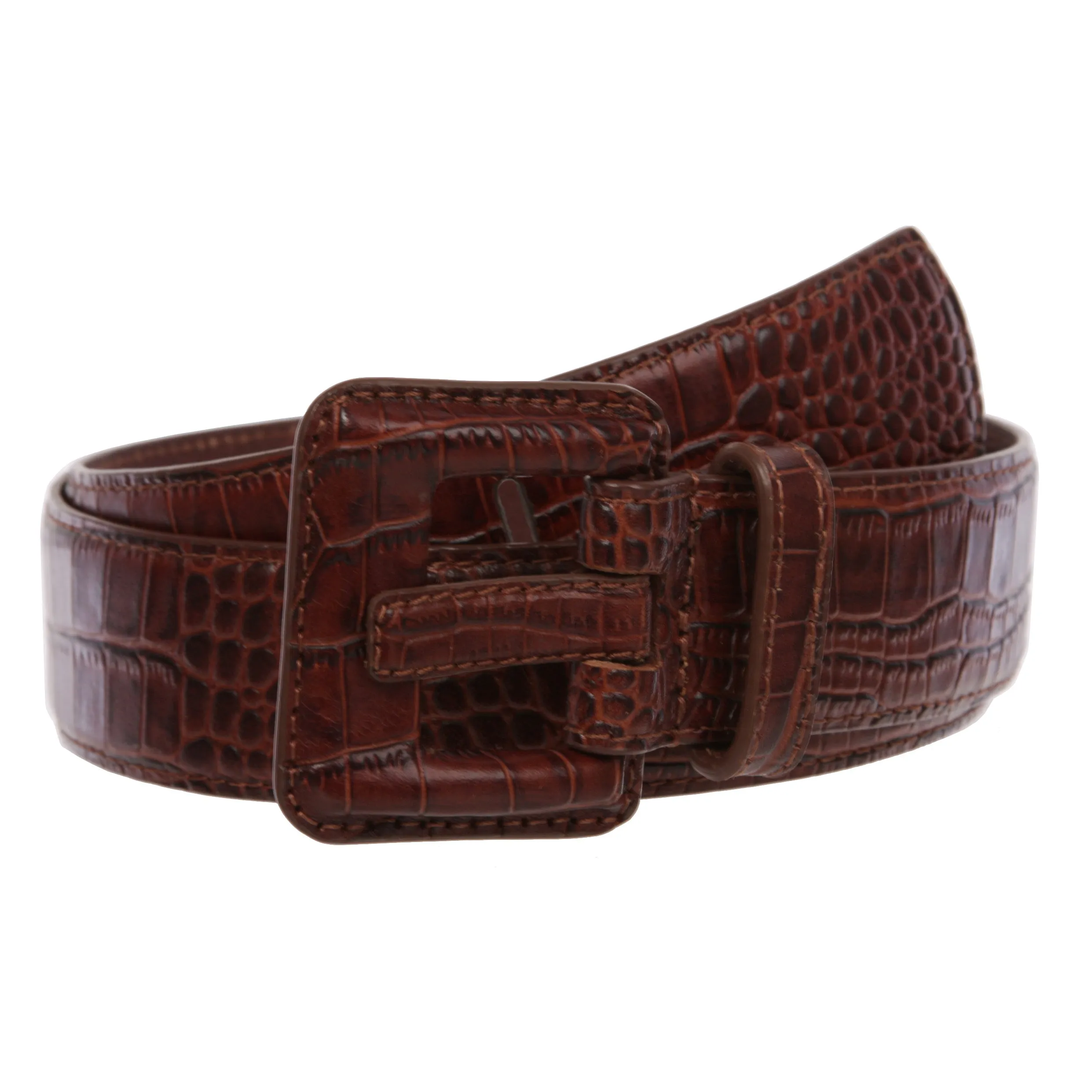 OnlineBelts Women Faux Embossed Alligator Full Grain Leather Square Belt