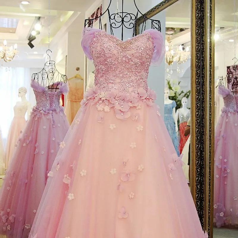 Pink Off Shoulder Lace Applique Tulle Flowers Prom Dress, Pink Formal Dress Sweet 16 Dress