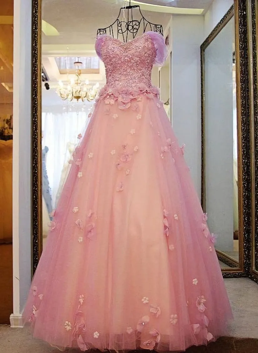 Pink Off Shoulder Lace Applique Tulle Flowers Prom Dress, Pink Formal Dress Sweet 16 Dress