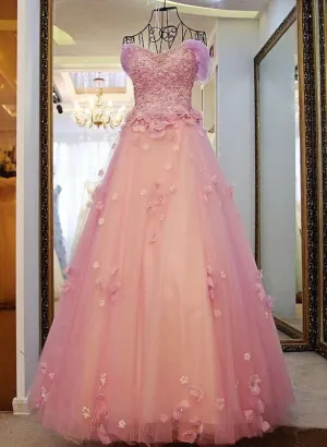 Pink Off Shoulder Lace Applique Tulle Flowers Prom Dress, Pink Formal Dress Sweet 16 Dress