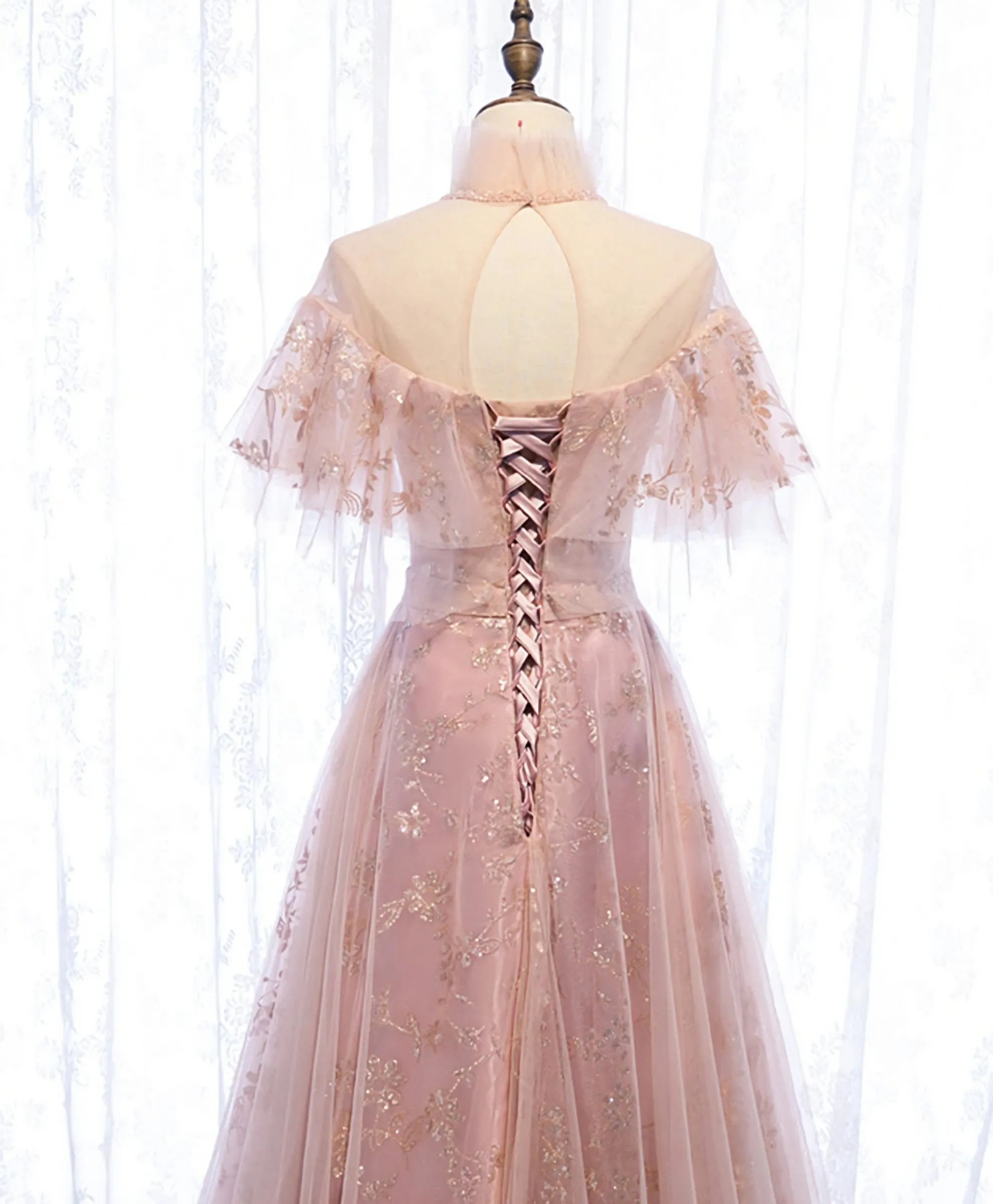 Pink Tulle Lace Long Prom Dress, Pink Tulle Formal Dress, 2