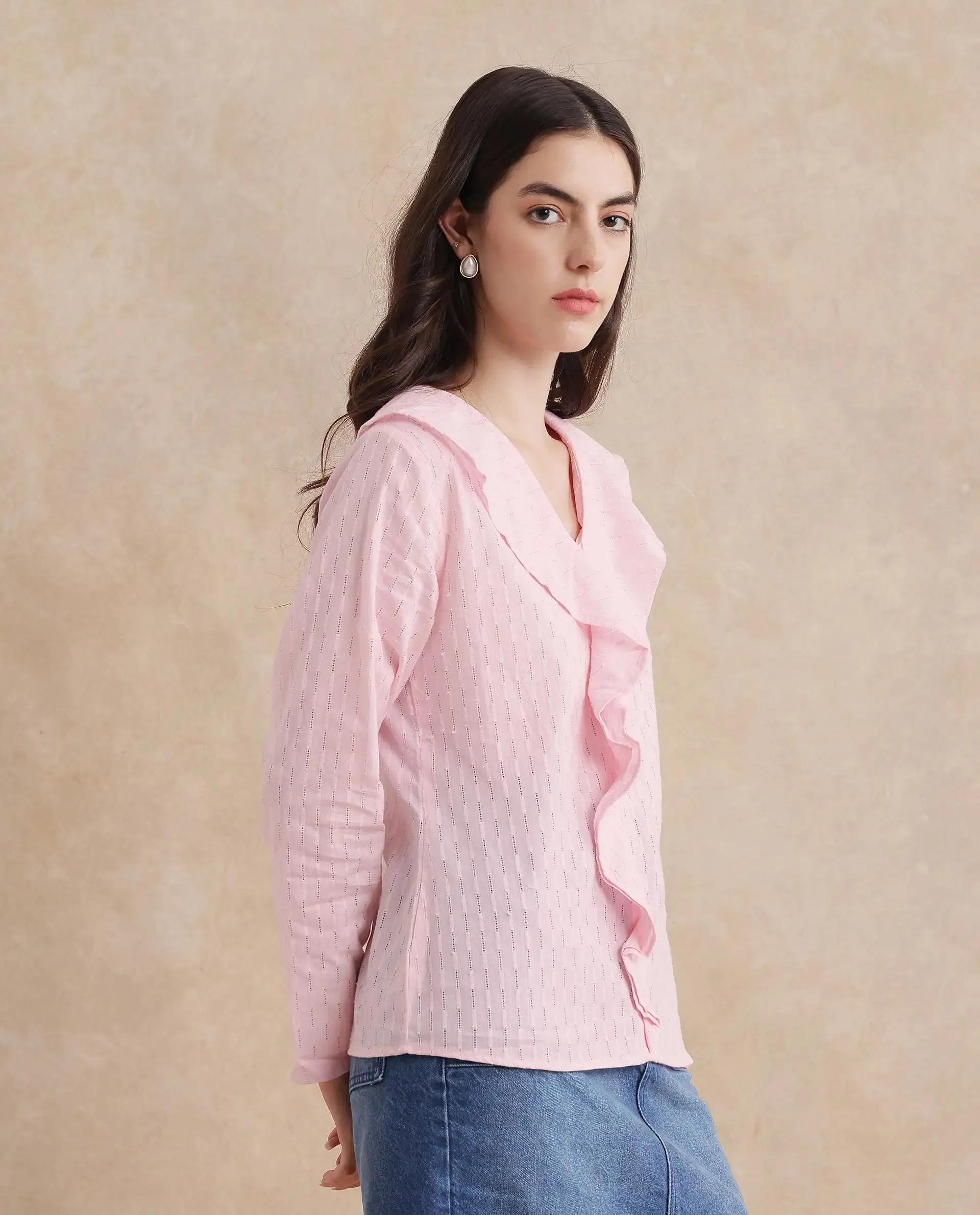 Rareism Women Bowez Pink Full Sleeve Ruffled Neck Plain Top