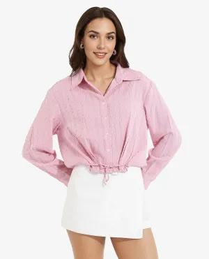 Rareism Women Kaylo Pink Cuffed Sleeve Collared Neck Button Closure Cropped Plain Top