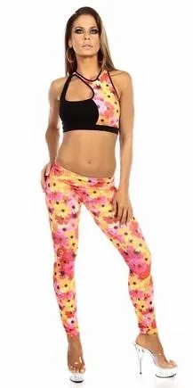 Sexy High Waist Cuff Roll Down Stretch Work Out Athletic Leggings - Sunflower