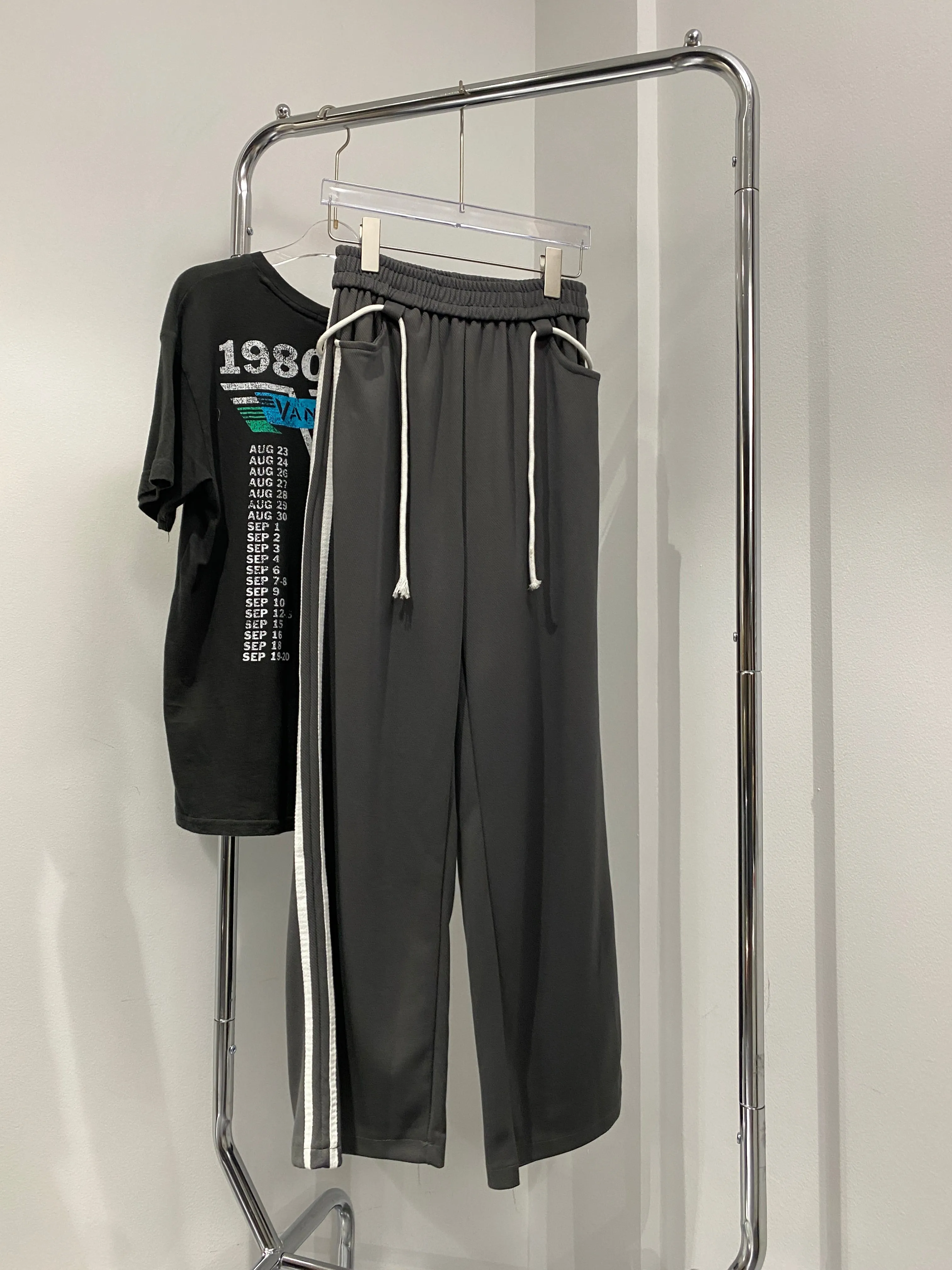 Side Striped Wide Leg Sweatpants - Smoke