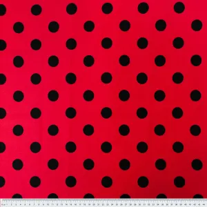 Stretch Cotton Sateen Fabric, Red & Black Polka- Width 148cm