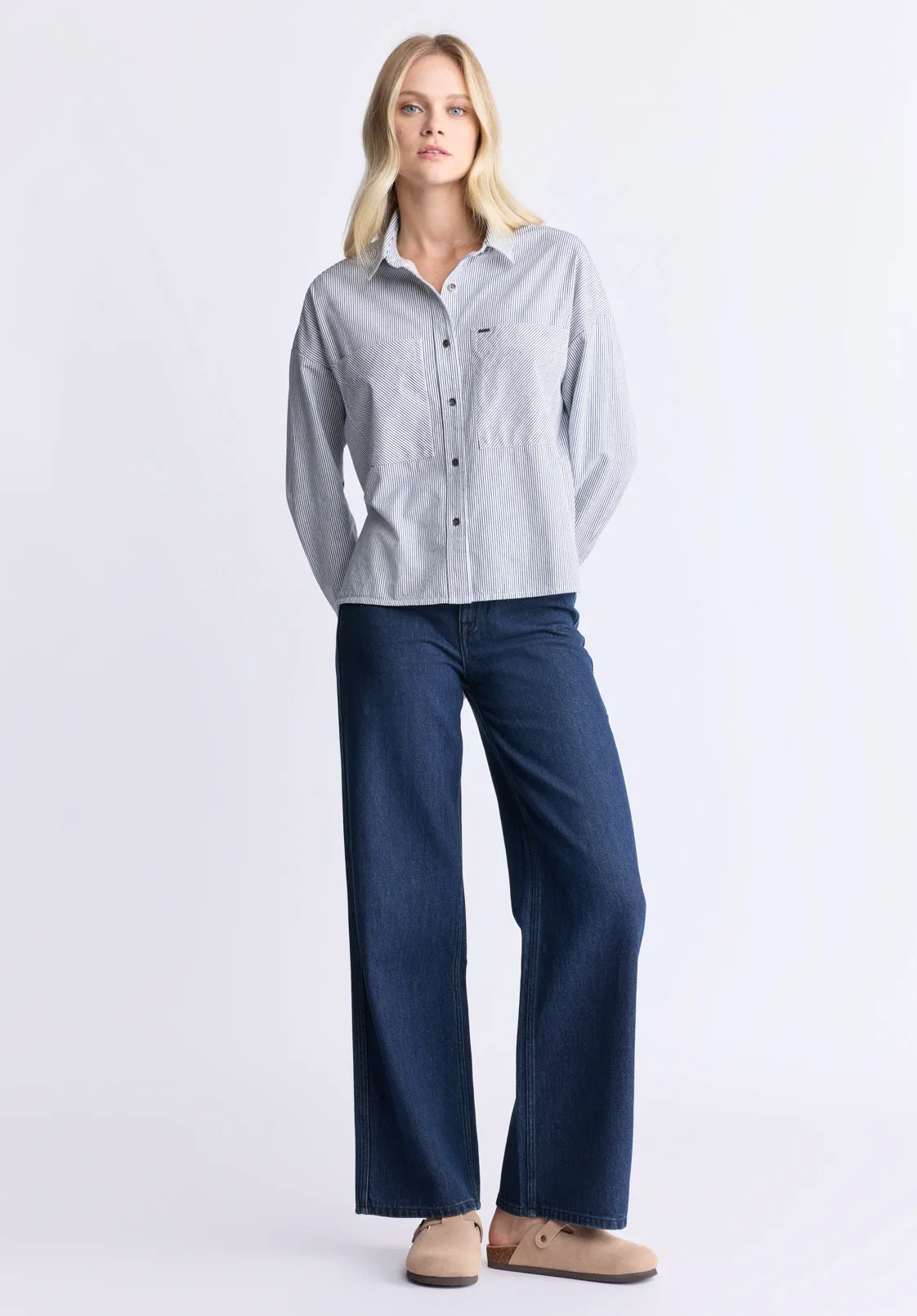 Twyla Women's Boxy Striped Button-Up Shirt, Whale & white - WT0084H