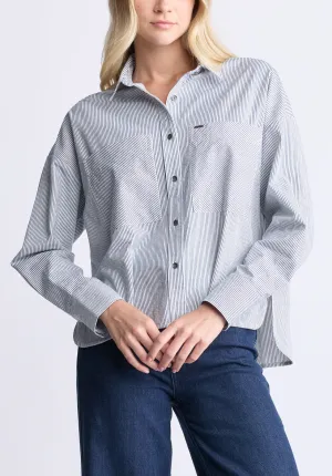 Twyla Women's Boxy Striped Button-Up Shirt, Whale & white - WT0084H