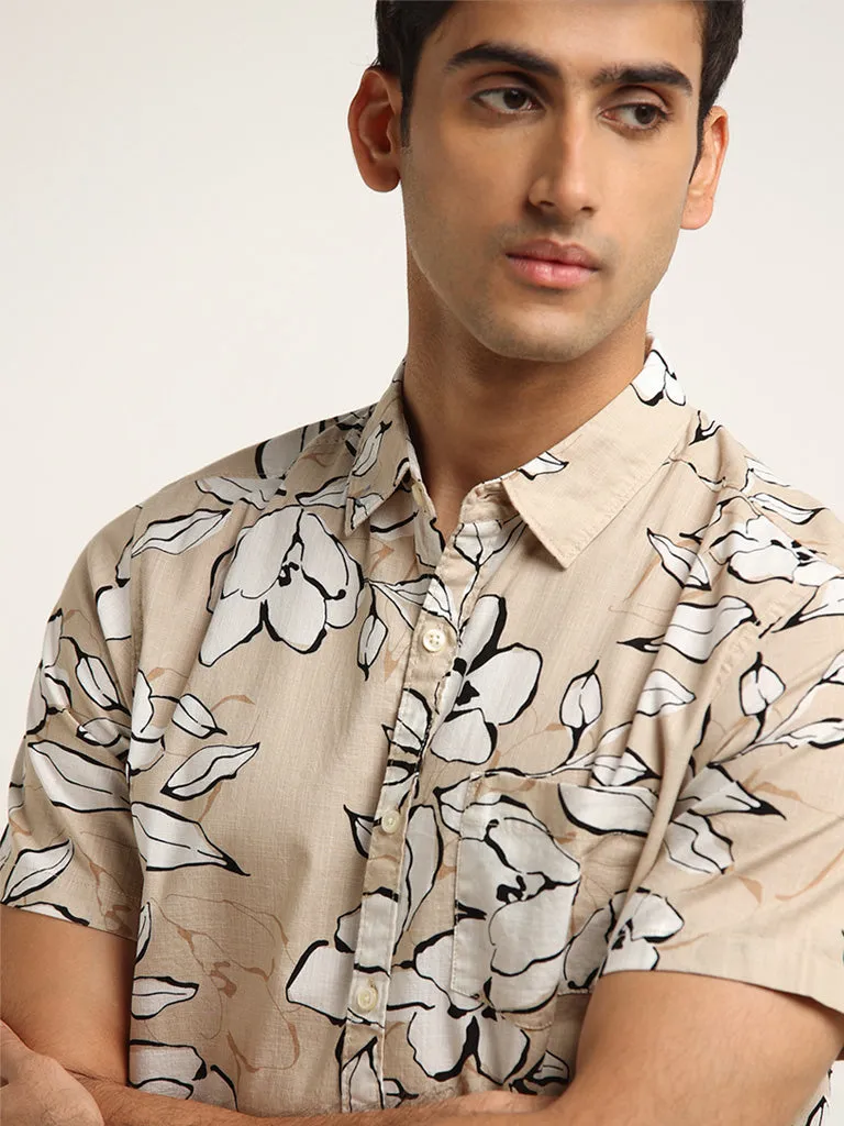 WES Casuals Beige Floral Print Slim Fit Shirt