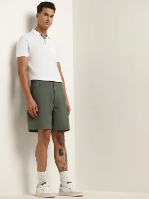 WES Casuals Green Plain Cotton Blend Relaxed Fit Shorts