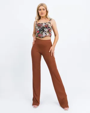 Wide Leg Rib Stretch Trousers in Chocolate Brown | Lana