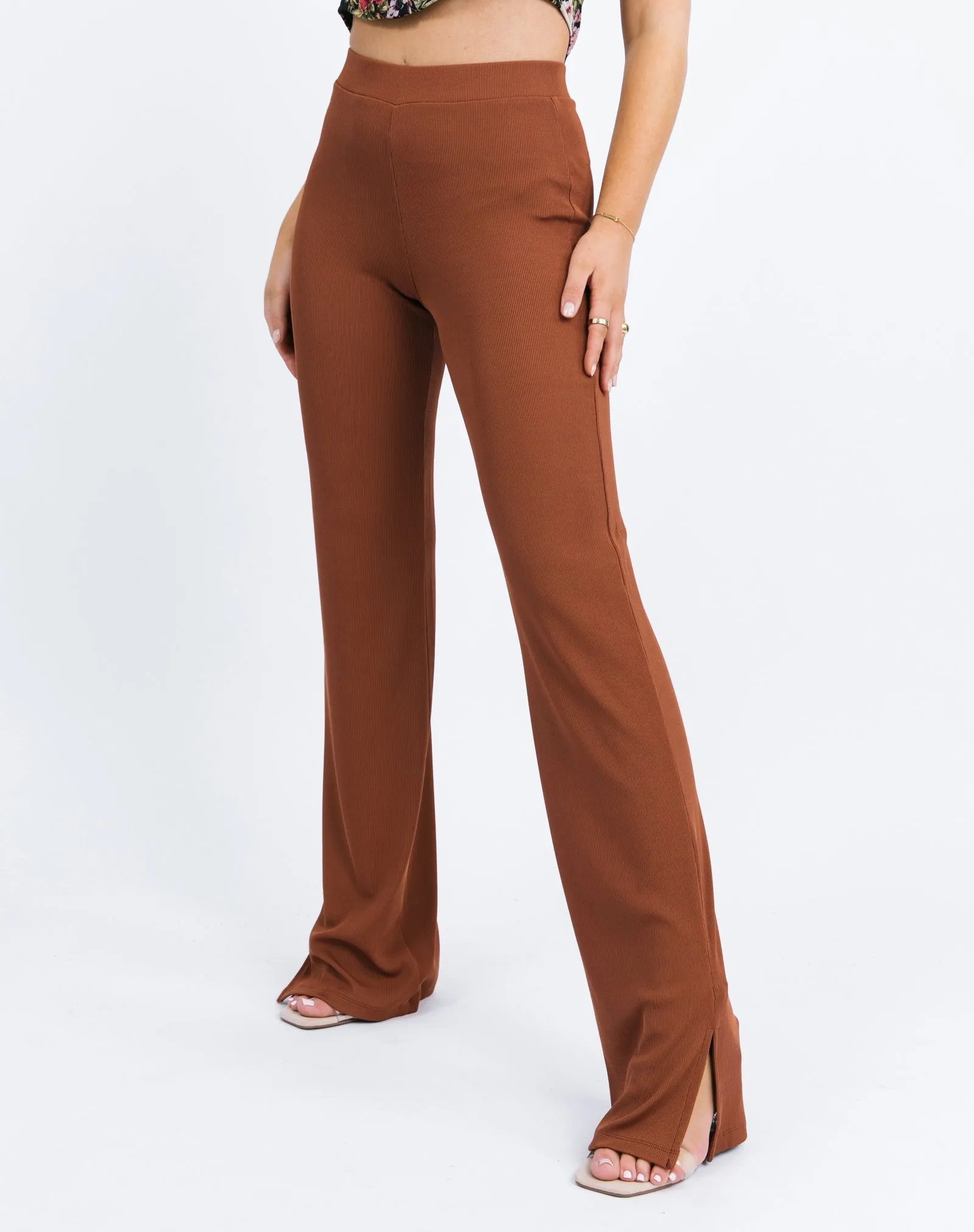 Wide Leg Rib Stretch Trousers in Chocolate Brown | Lana