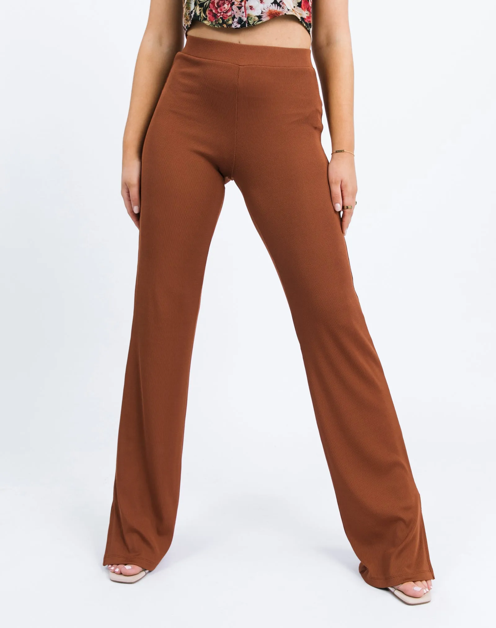 Wide Leg Rib Stretch Trousers in Chocolate Brown | Lana