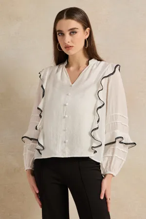 Women Ivory Contrast Edge Ruffle Blouse