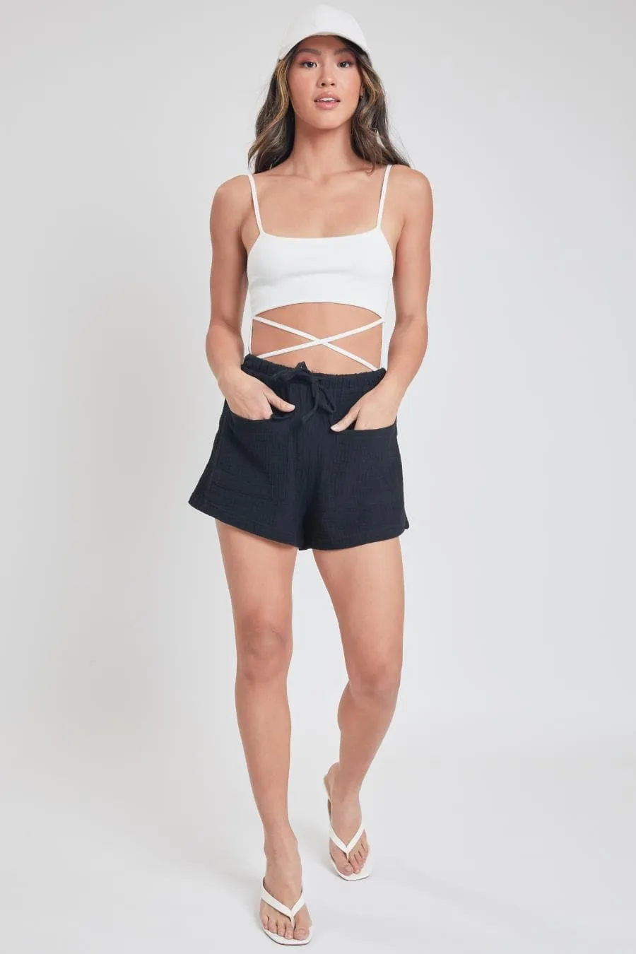 Women's Drawstring Textured Shorts With Pockets-Sale