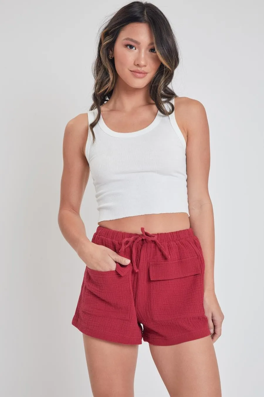 Women's Drawstring Textured Shorts With Pockets-Sale