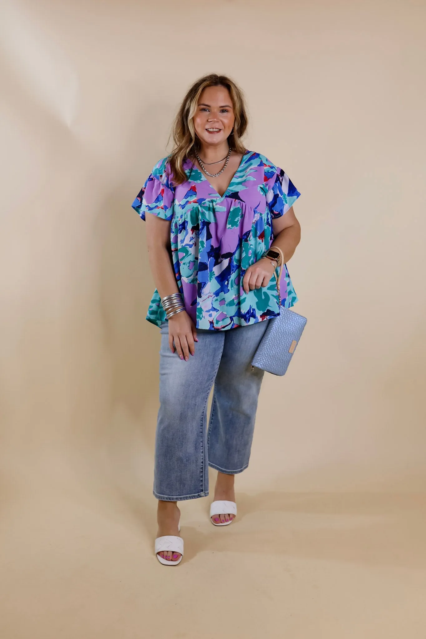 You Had Me At Aloha Watercolor Floral Top with V Neckline in Aqua Mix