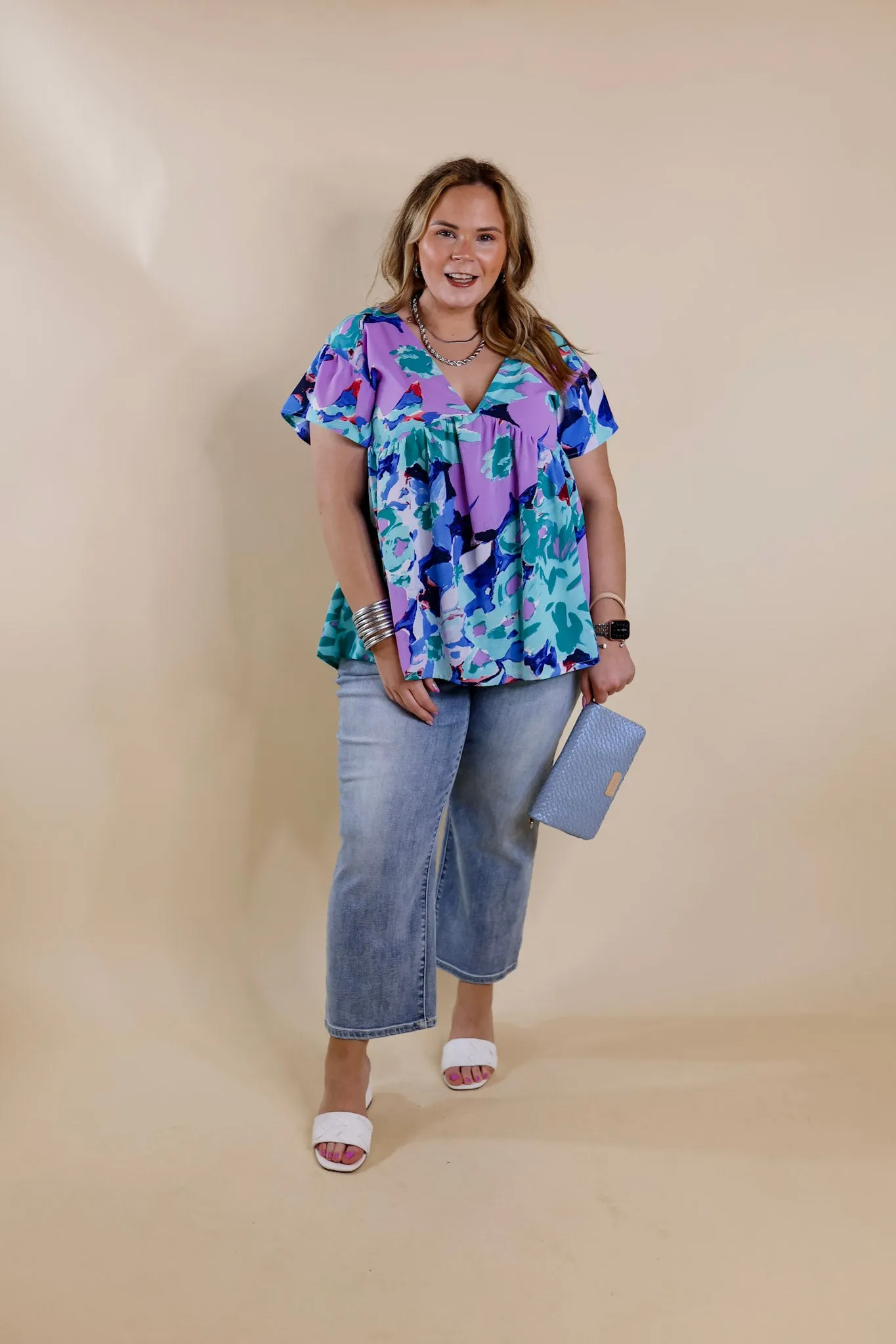 You Had Me At Aloha Watercolor Floral Top with V Neckline in Aqua Mix