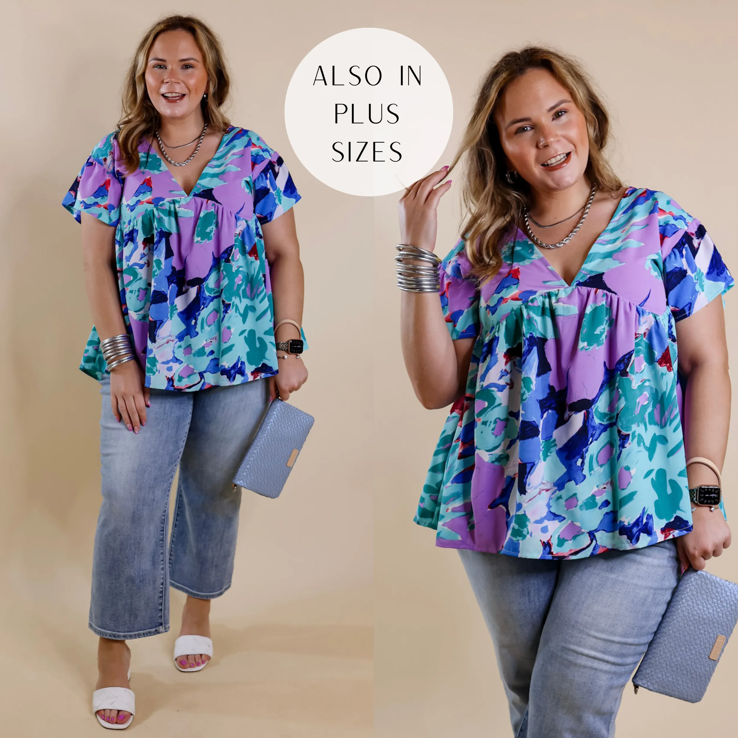 You Had Me At Aloha Watercolor Floral Top with V Neckline in Aqua Mix