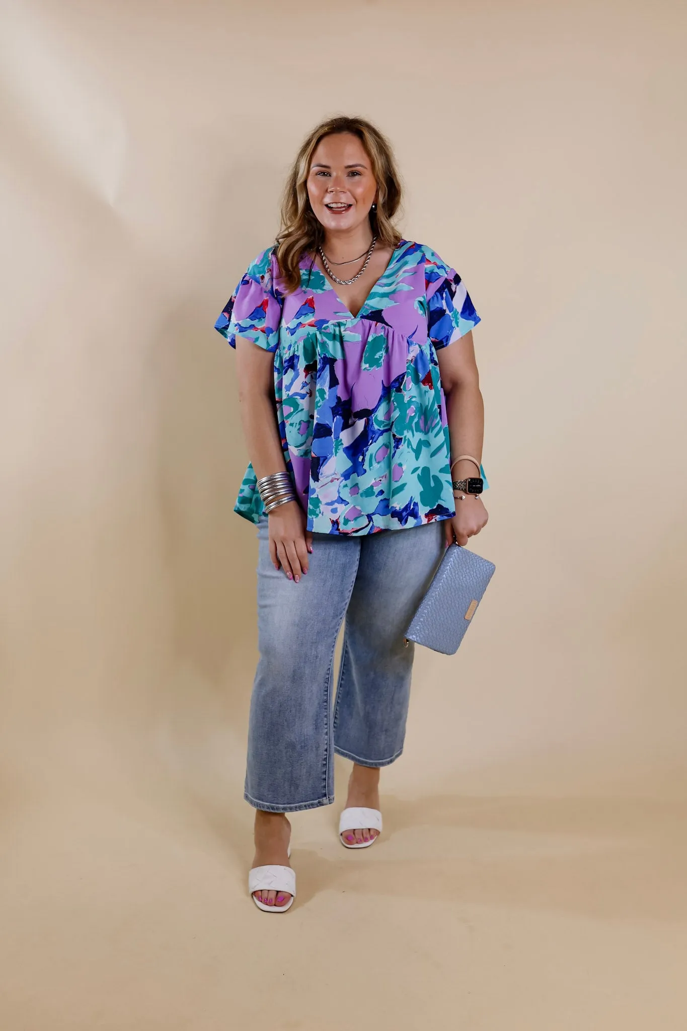 You Had Me At Aloha Watercolor Floral Top with V Neckline in Aqua Mix