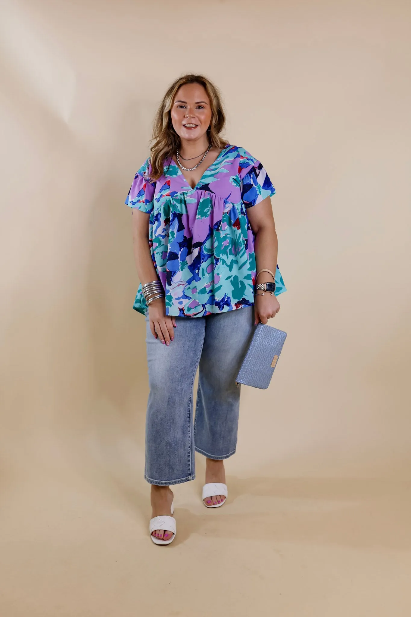 You Had Me At Aloha Watercolor Floral Top with V Neckline in Aqua Mix