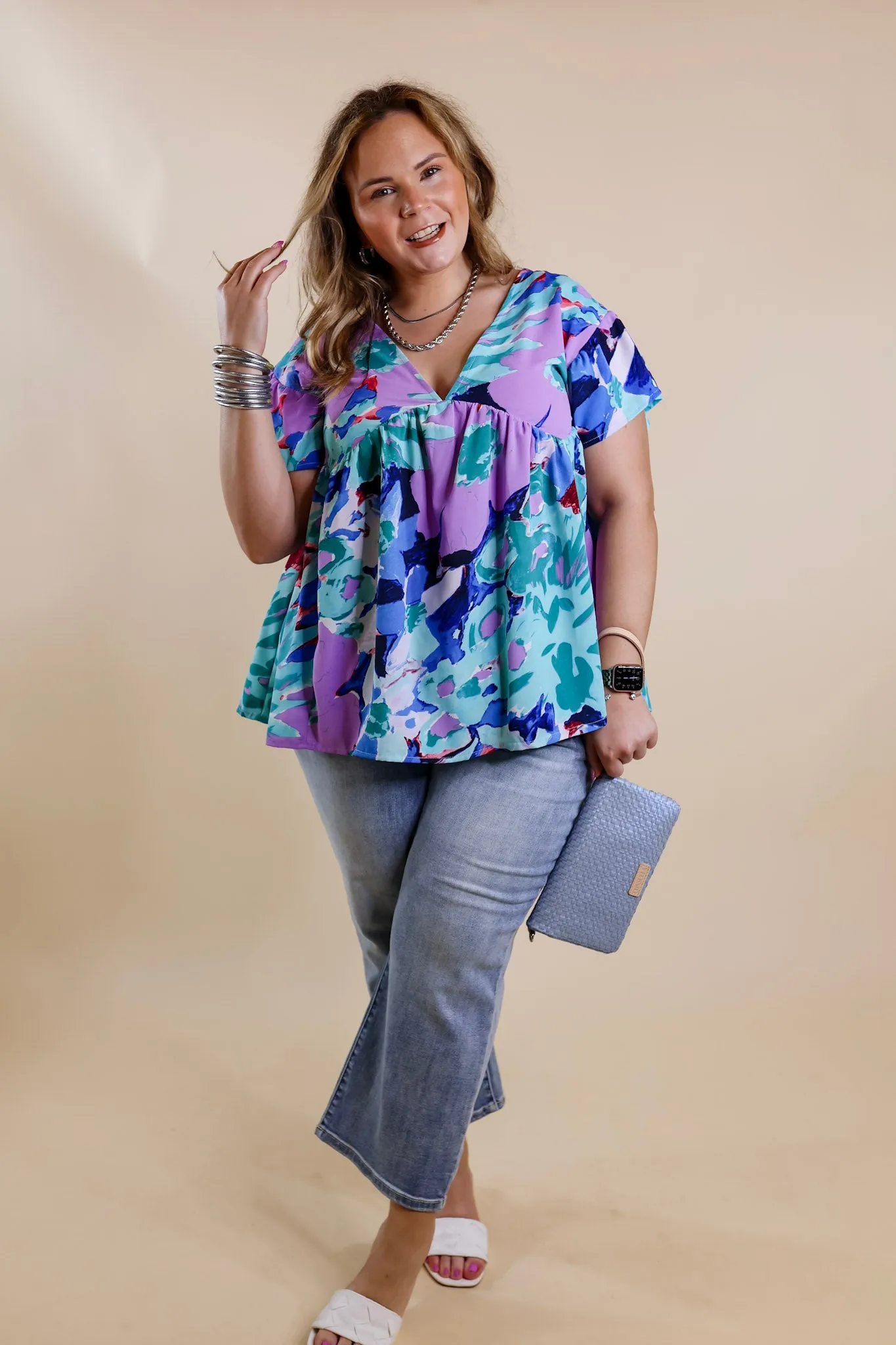 You Had Me At Aloha Watercolor Floral Top with V Neckline in Aqua Mix