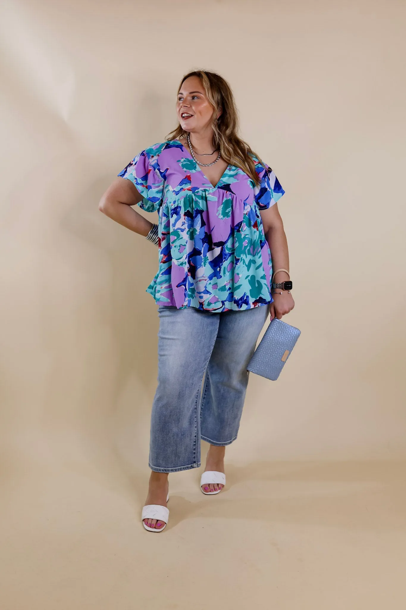 You Had Me At Aloha Watercolor Floral Top with V Neckline in Aqua Mix