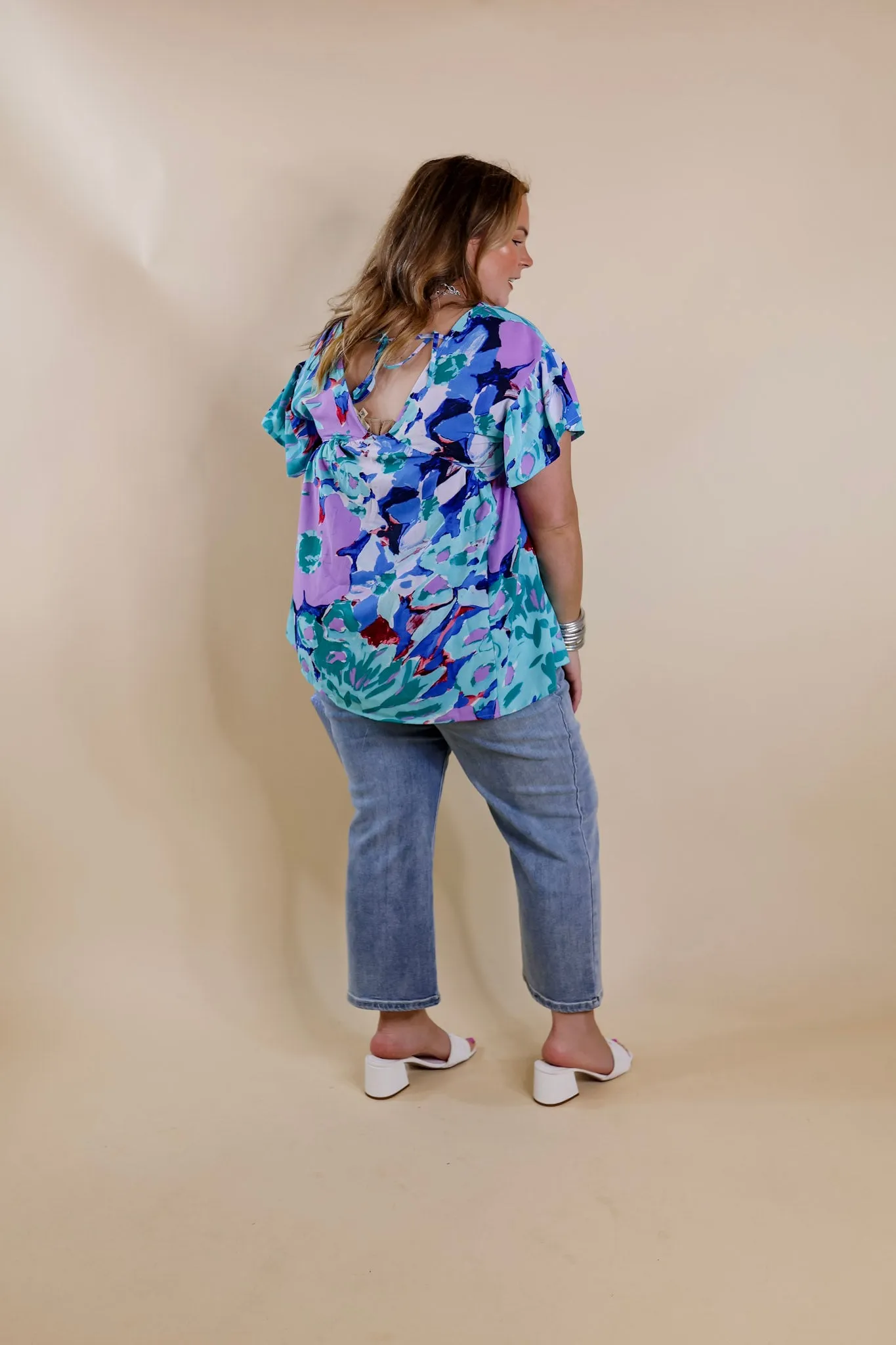 You Had Me At Aloha Watercolor Floral Top with V Neckline in Aqua Mix