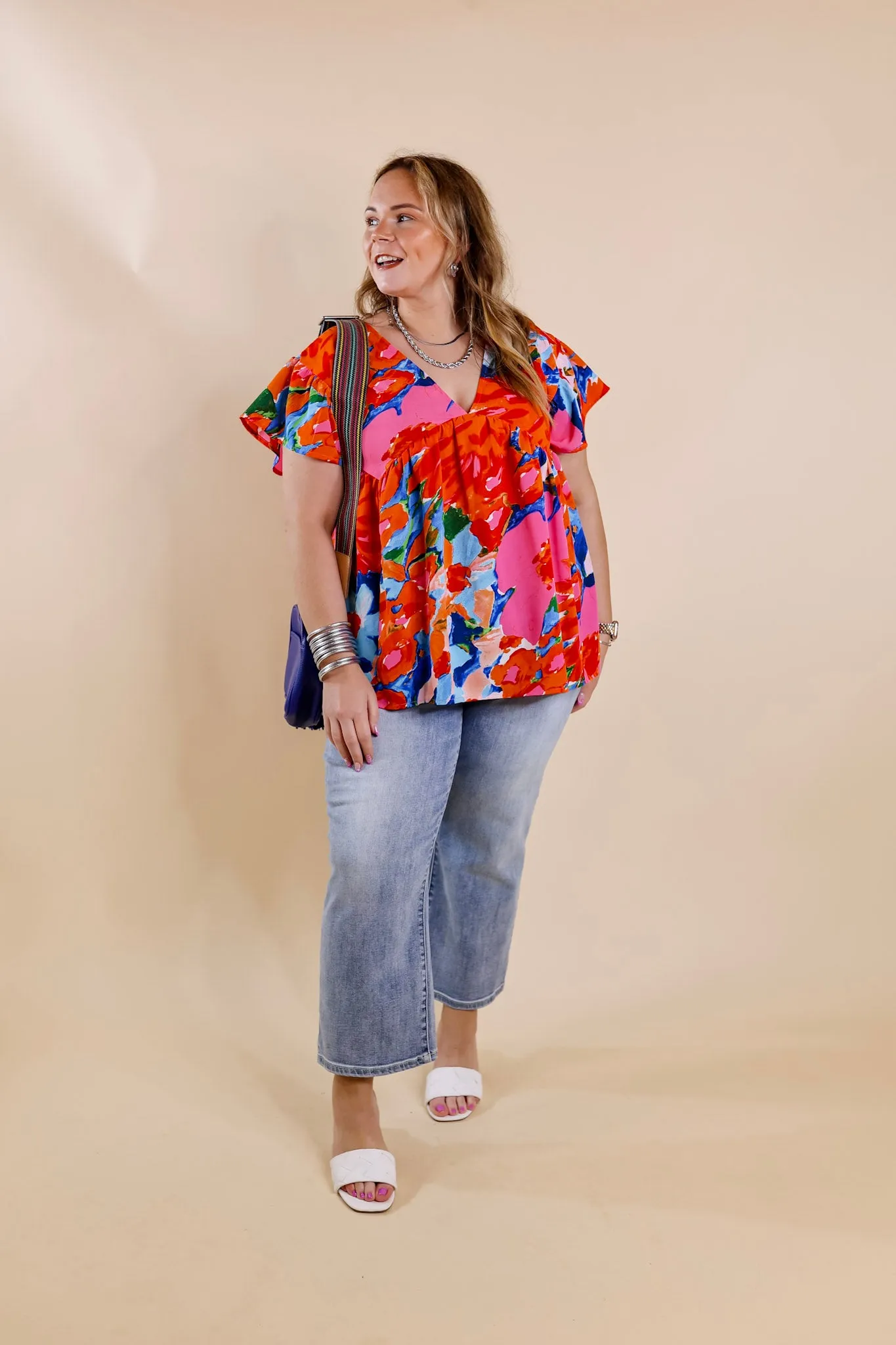 You Had Me At Aloha Watercolor Floral Top with V Neckline in Orange Mix