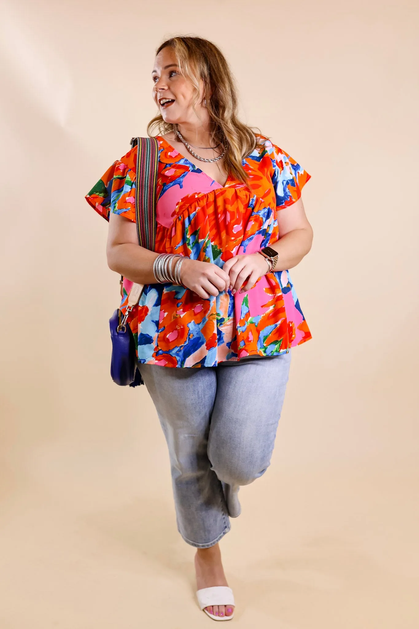 You Had Me At Aloha Watercolor Floral Top with V Neckline in Orange Mix