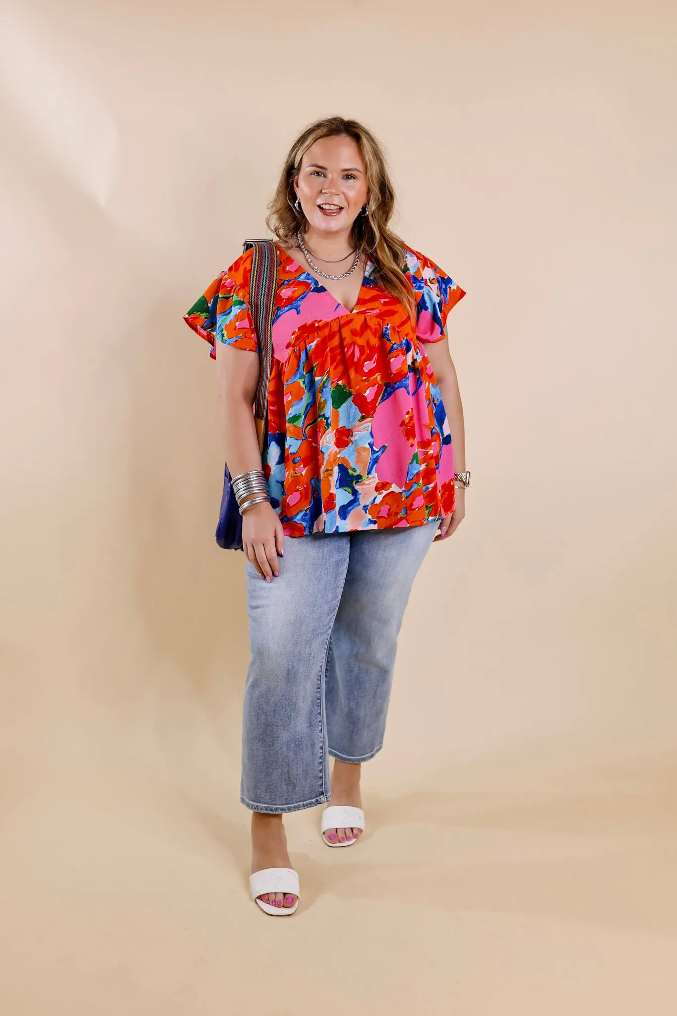 You Had Me At Aloha Watercolor Floral Top with V Neckline in Orange Mix