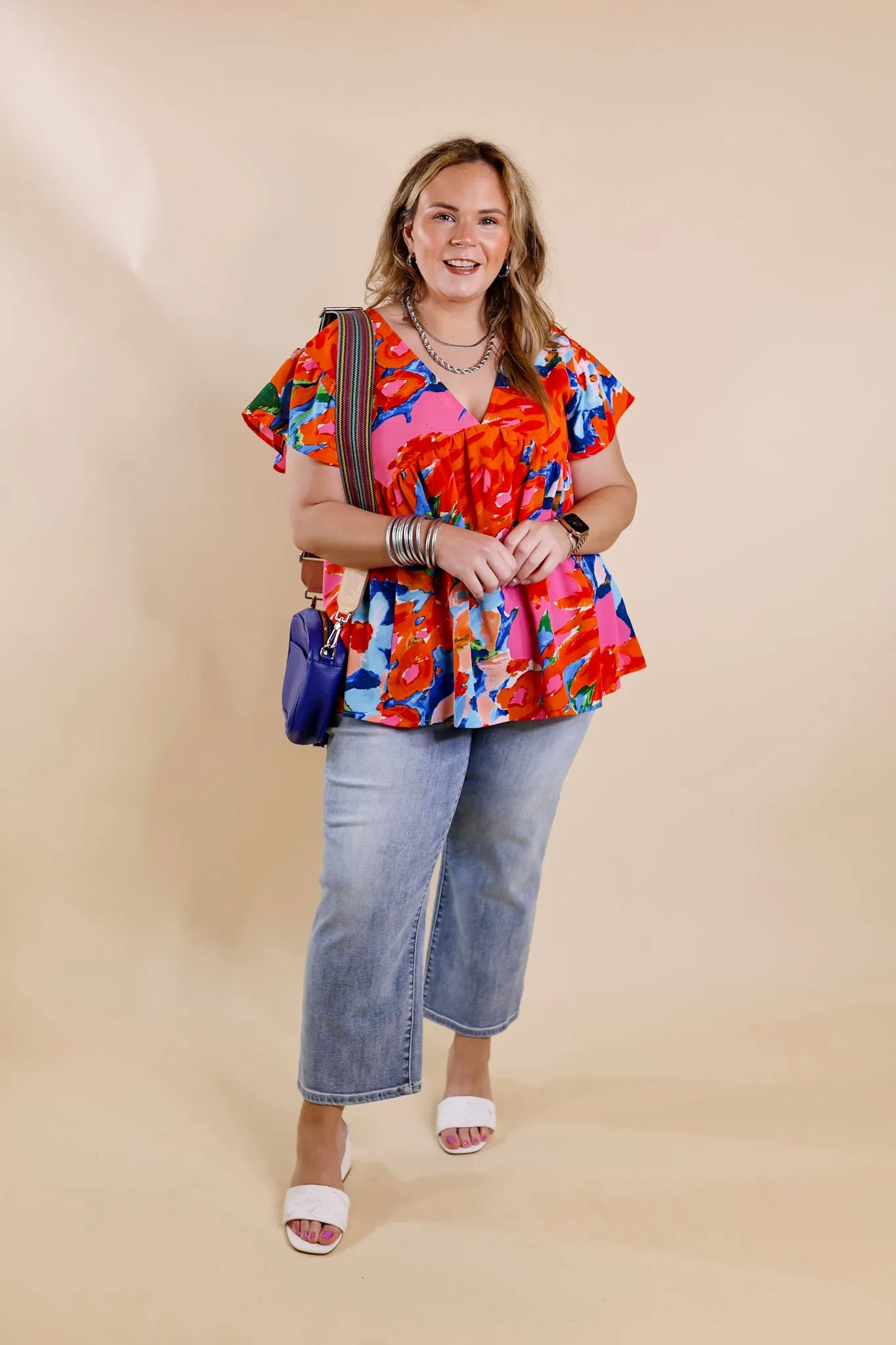 You Had Me At Aloha Watercolor Floral Top with V Neckline in Orange Mix