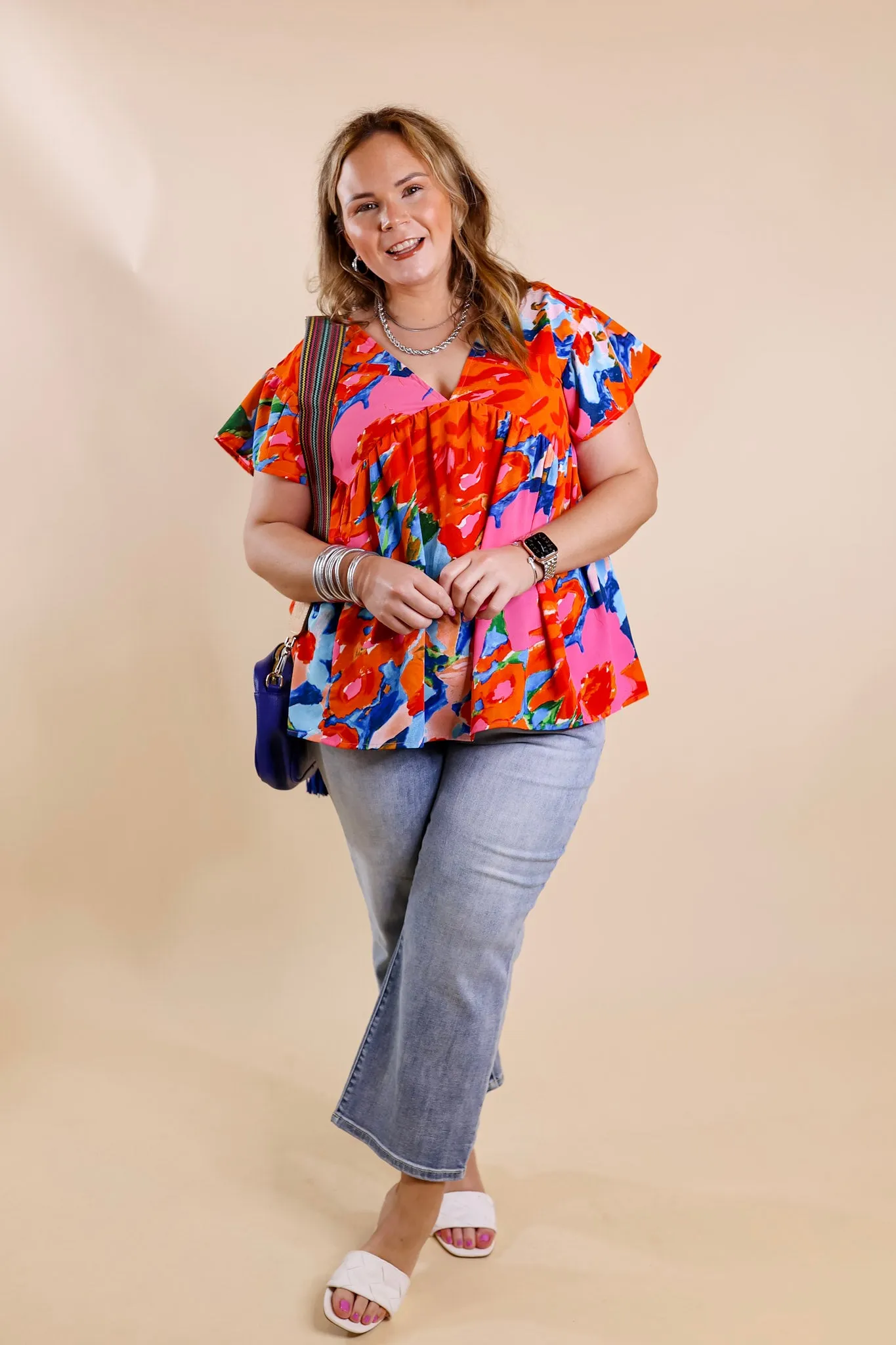 You Had Me At Aloha Watercolor Floral Top with V Neckline in Orange Mix