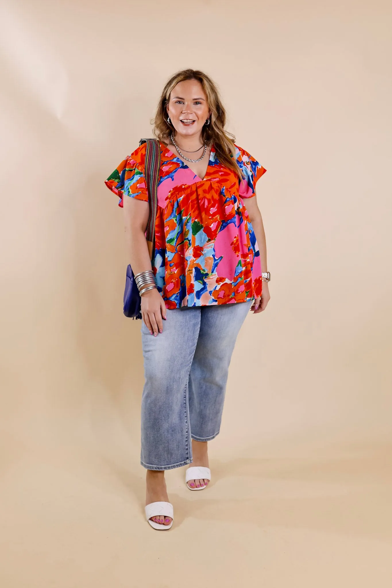 You Had Me At Aloha Watercolor Floral Top with V Neckline in Orange Mix