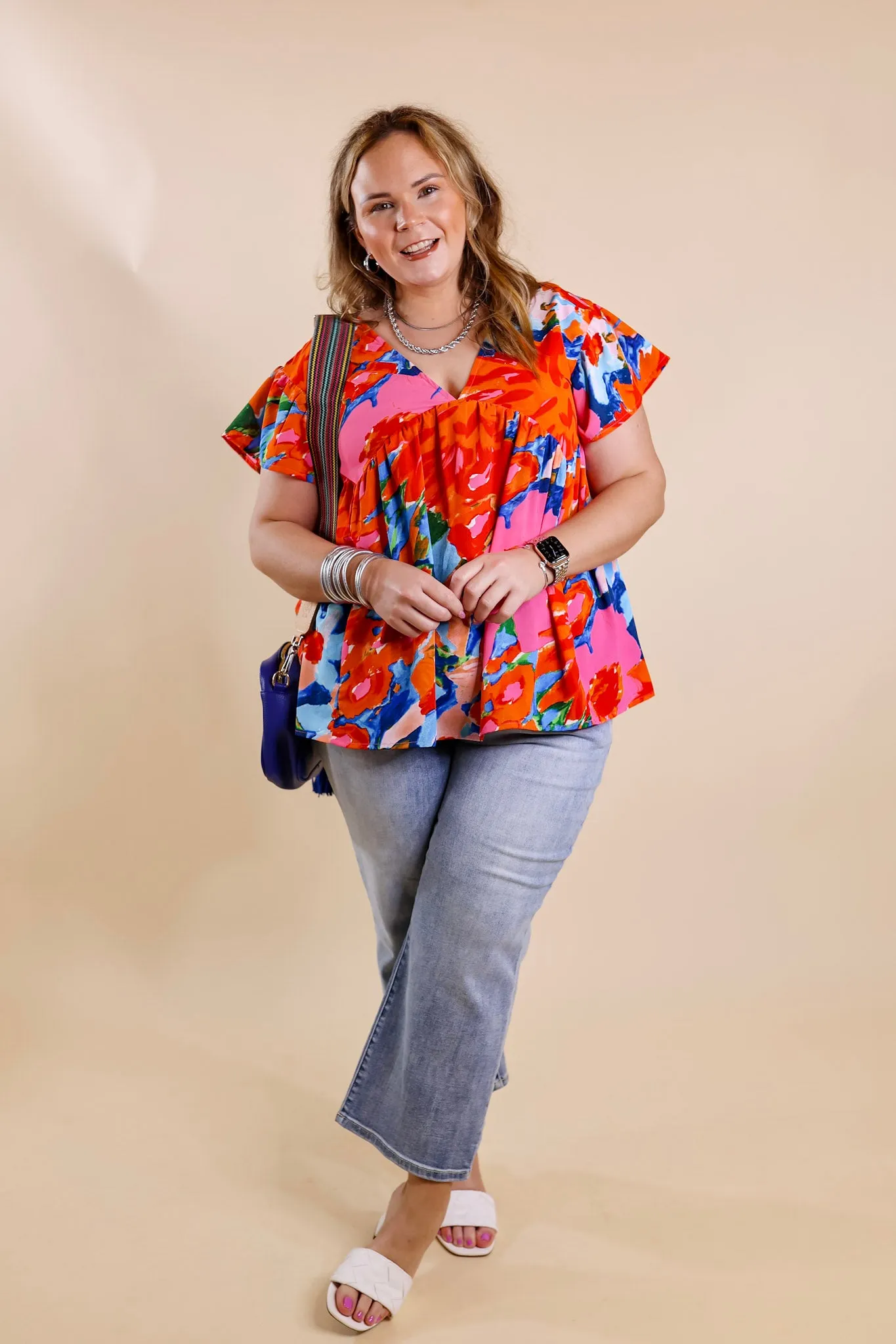 You Had Me At Aloha Watercolor Floral Top with V Neckline in Orange Mix