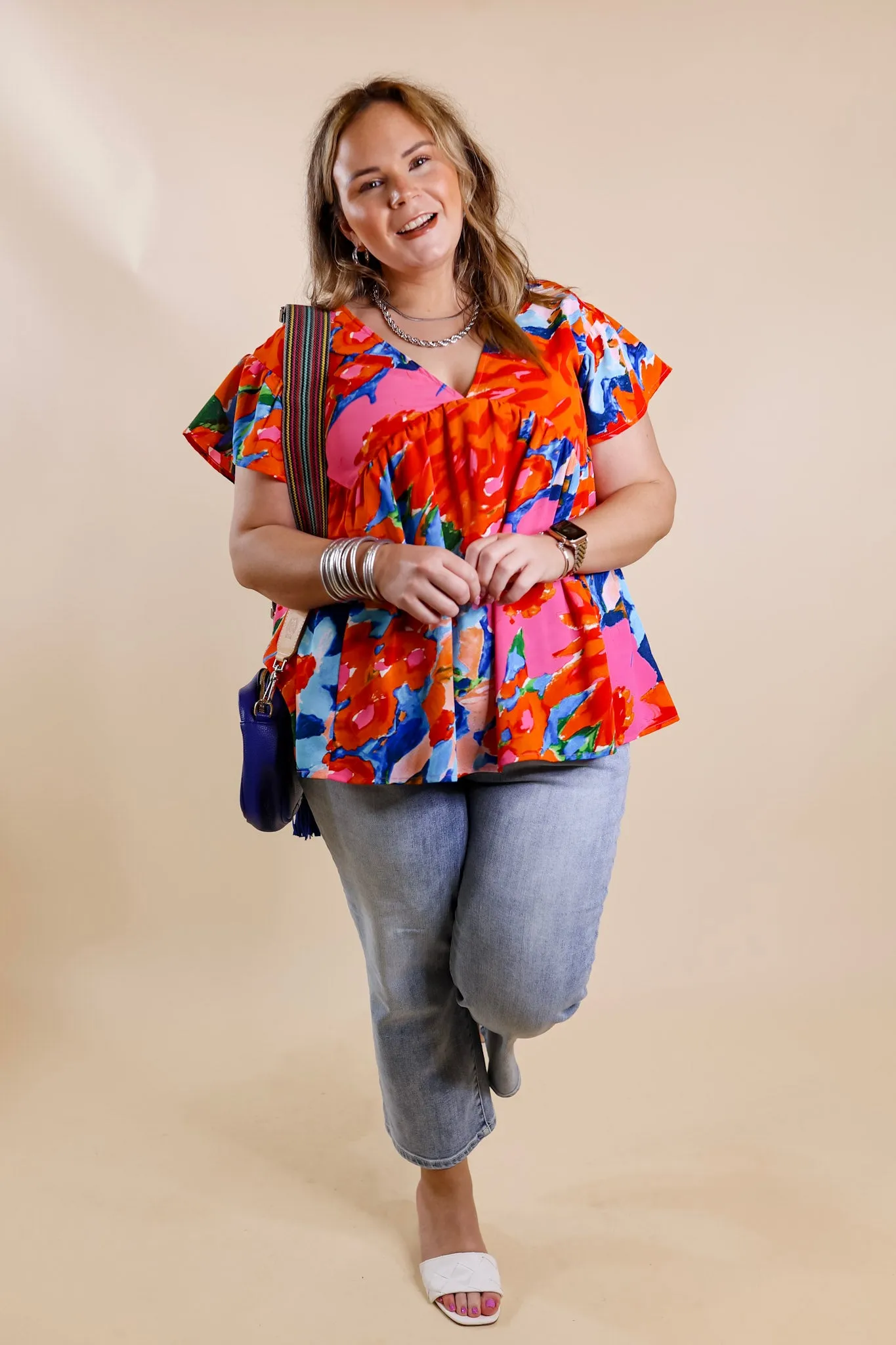 You Had Me At Aloha Watercolor Floral Top with V Neckline in Orange Mix